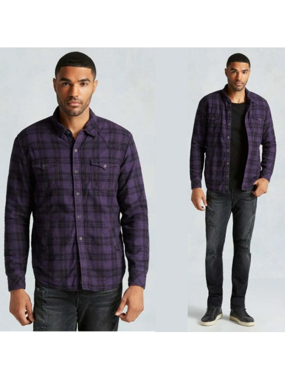 TRUE RELIGION Men's WESTERN SHIRT JACKET PURPLE PLAID Size Small Pockets